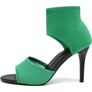 Sicare Peep Toe Heels Green Faux Leather Women Wide Stretchy Knit Heel Sandal